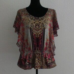Gray & Pink Floral Top with Butterfly Sleeve, small gold studs details